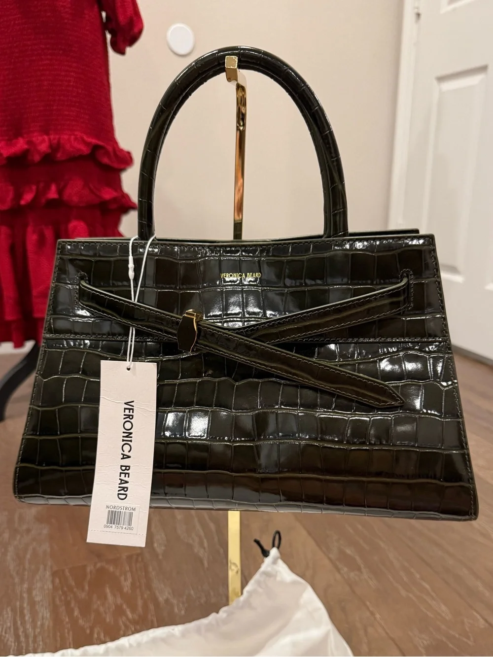 Veronica Beard Glossy Black Croc-Embossed Satchel with Front Tie